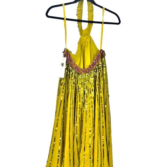 Mac Duggal High Neck Open Back Embellished Trapeze Dress Gold Size 4 NWT - Picture 7 of 10